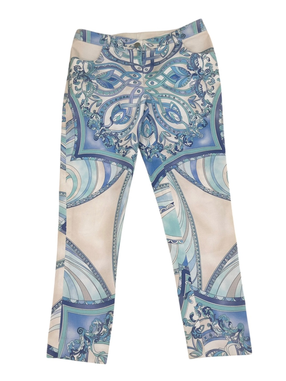 Per Se Blue & Cream Paisley-Print High-Rise straight leg cropped pants size 2